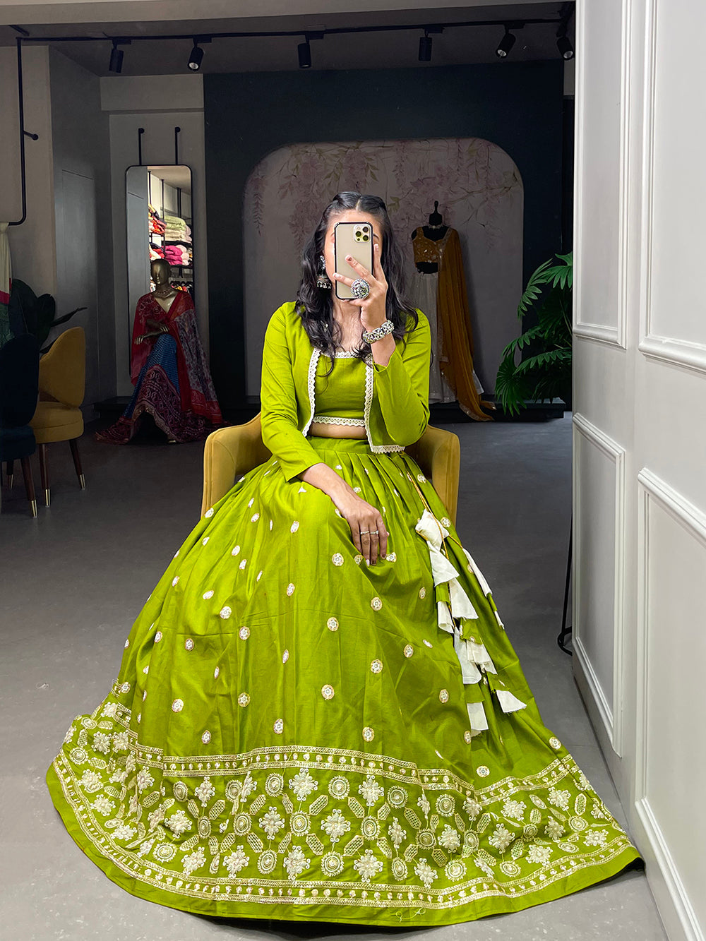 Parrot Color Sequins And Lucknowi Work Cotton Co-Ord Set Lehenga Choli ClothsVilla.com