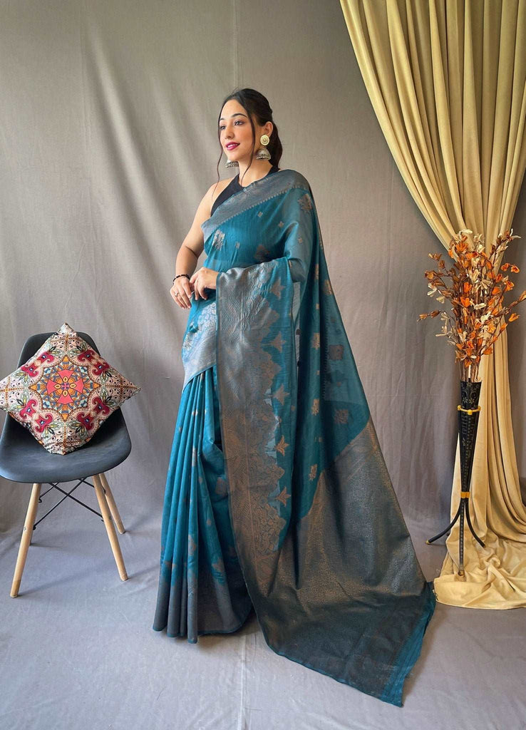 Cotton Copper Floral Woven Saree Blue Cyan Clothsvilla