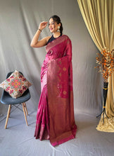 Load image into Gallery viewer, Cotton Copper Floral Woven Saree Burgundy Clothsvilla