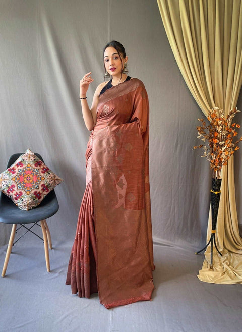 Cotton Copper Floral Woven Saree Dark Brown Clothsvilla Main image