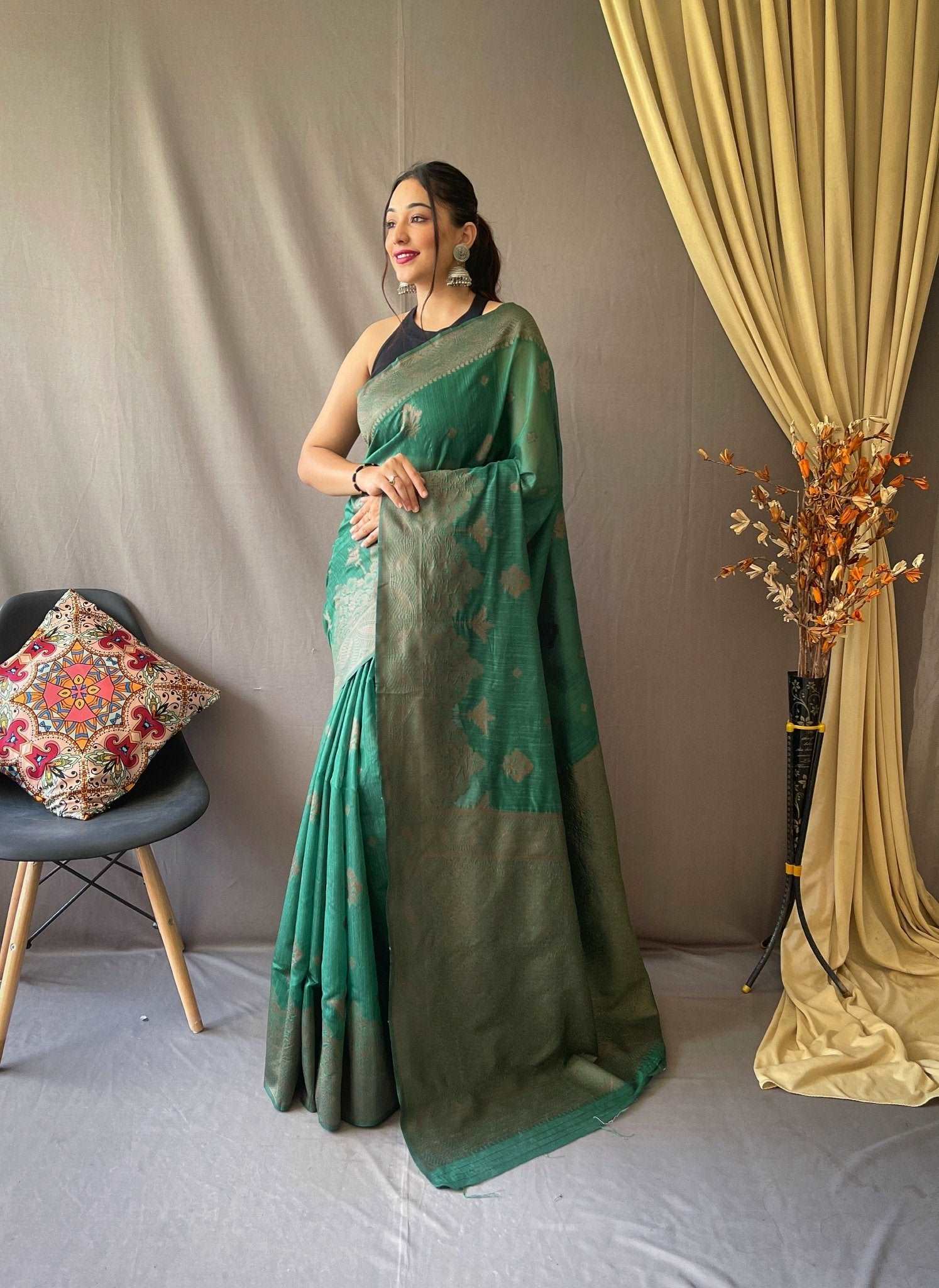 Cotton Copper Floral Woven Saree Dark Green Clothsvilla