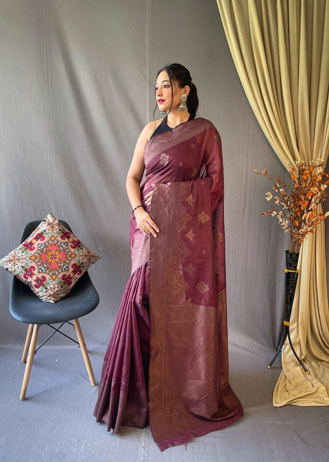 Cotton Copper Floral Woven Saree Velvet Maroon Clothsvilla Main image