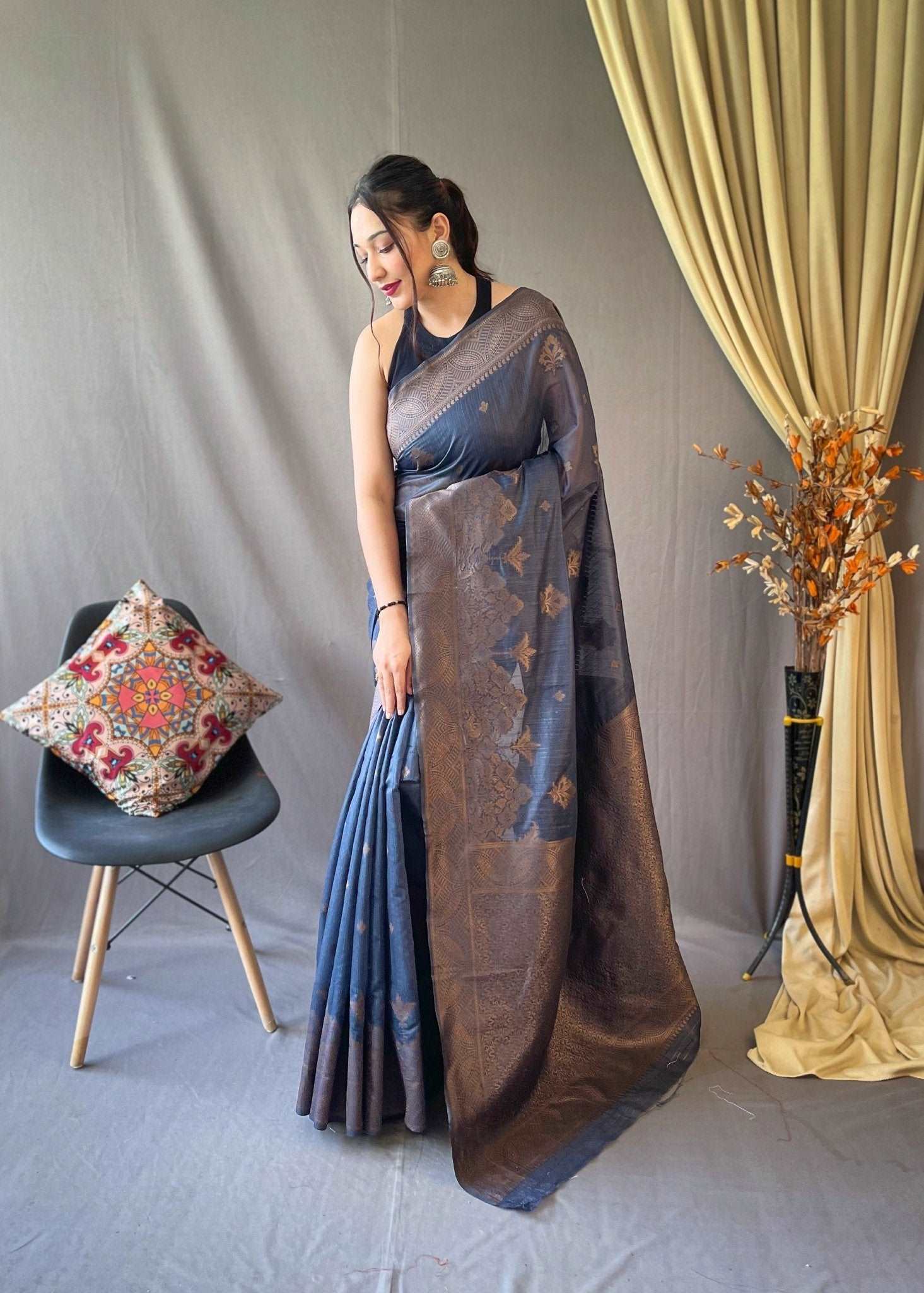 Cotton Copper Floral Woven Saree Metallic Blue Clothsvilla
