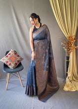 Load image into Gallery viewer, Cotton Copper Floral Woven Saree Metallic Blue Clothsvilla