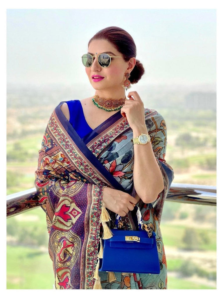 Payal Gupta in Sky Blue Cotton Kalamkari Printed Saree Clothsvilla
