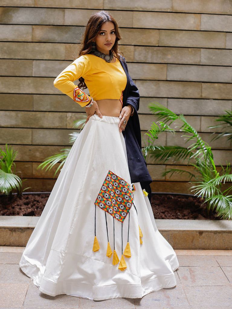 Off-White Color Cotton Embroidered Aari Work Navaratri Lehenga Choli With Dupatta Clothsvilla