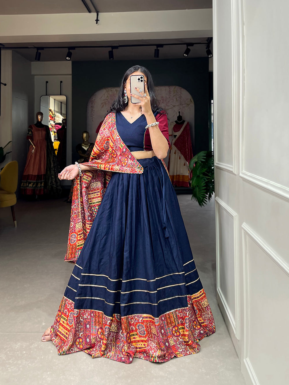 Navy Blue Color Plain And Printed With Gotta Patti Cotton For Navratri Chaniya Choli Secondary image