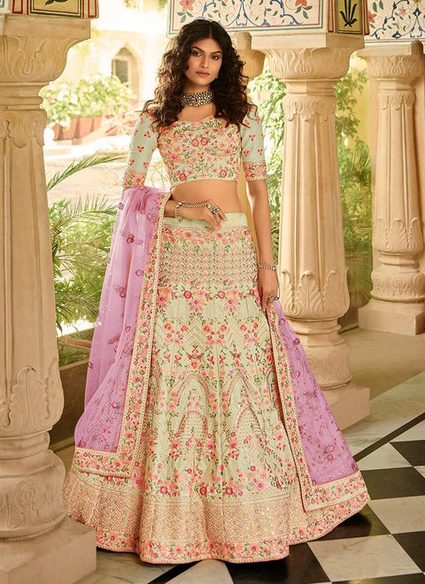 Cream Art Silk Stone And Sequins Work Wedding Lehenga Clothsvilla Main image