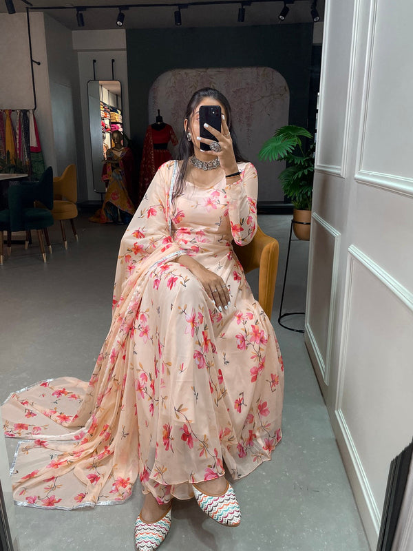Cream Color Floral Printed Anarkali Style Chiffon Kurti Clothsvilla