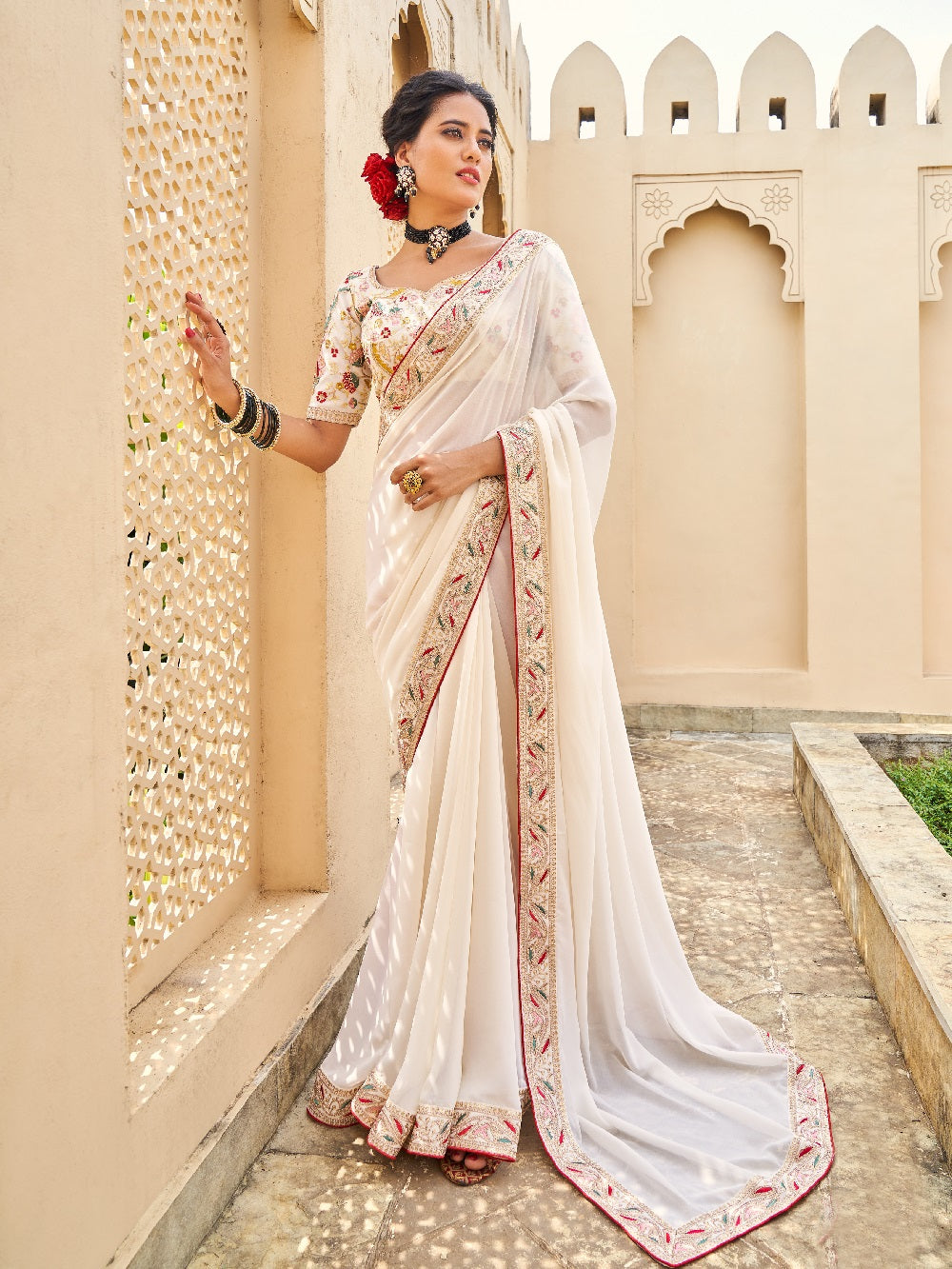 Cream Color Thread And Sequins Embroidery Border Diamond Georgette Saree Clothsvilla