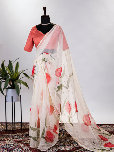 Cream Color Floral & Foil Printed Organza Saree Clothsvilla Main image