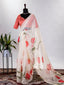 Cream Color Floral & Foil Printed Organza Saree Clothsvilla