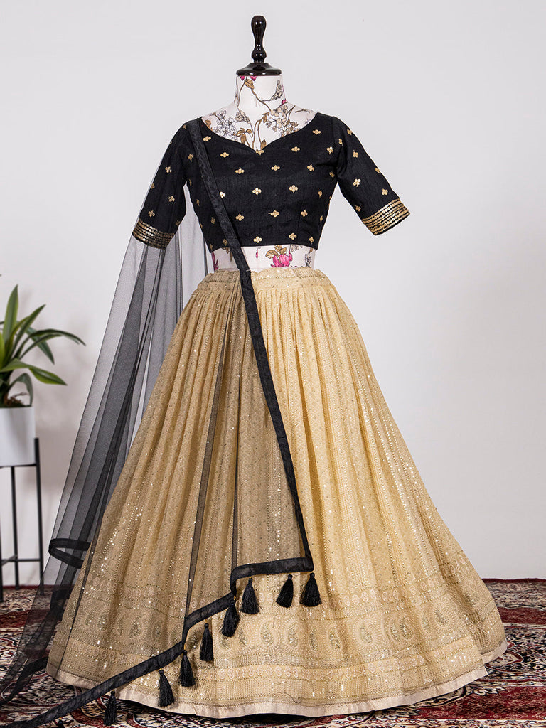 Cream Color Sequins And Thread Embroidery Work Georgette Lehenga Choli Clothsvilla