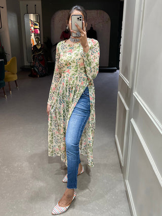 Cream Color Floral Printed Chiffon Naira Cut Kurti Clothsvilla