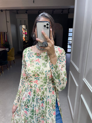 Cream Color Floral Printed Chiffon Naira Cut Kurti Clothsvilla