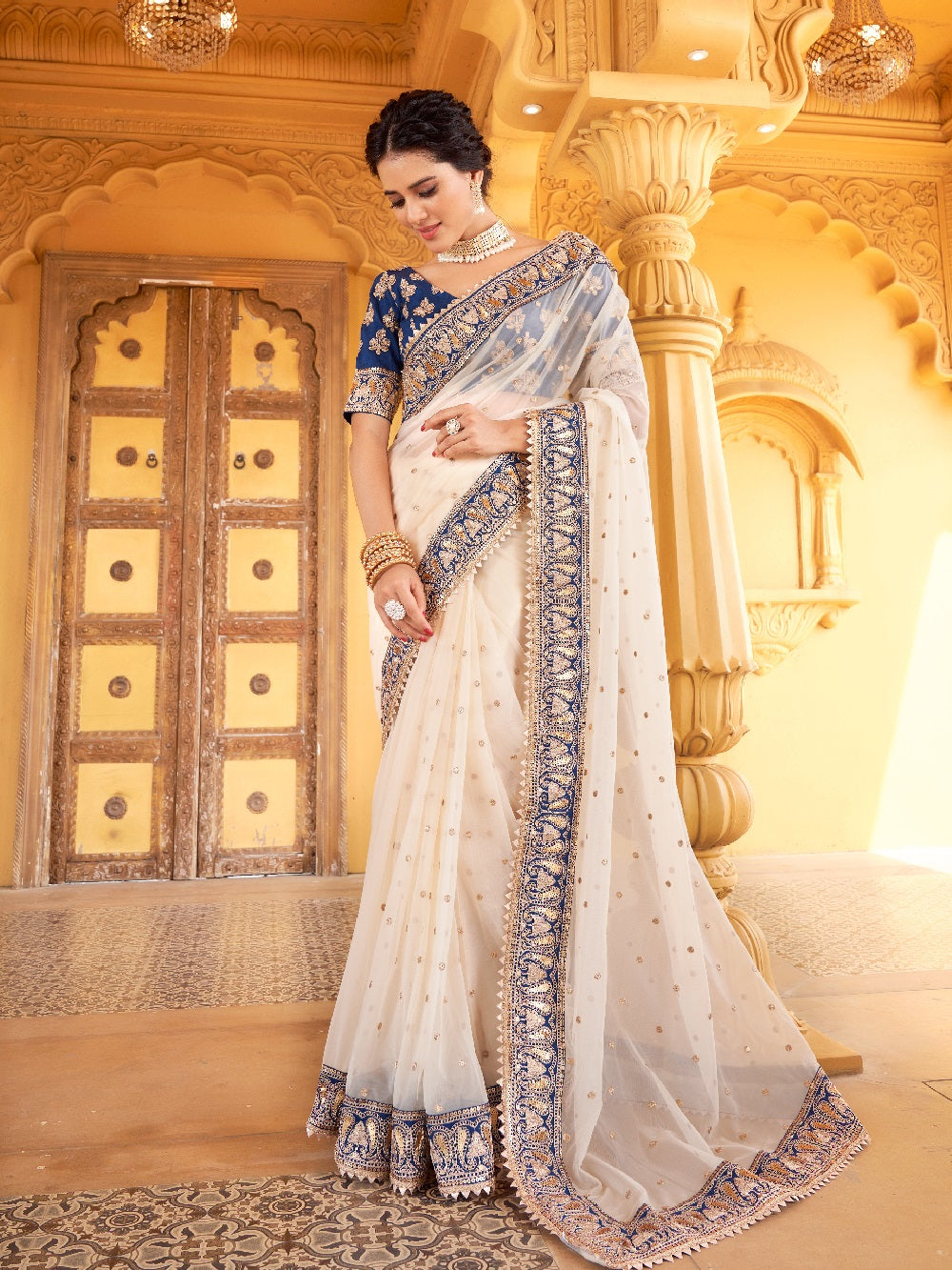 Cream Color Crushed Chinon Saree Clothsvilla Main image