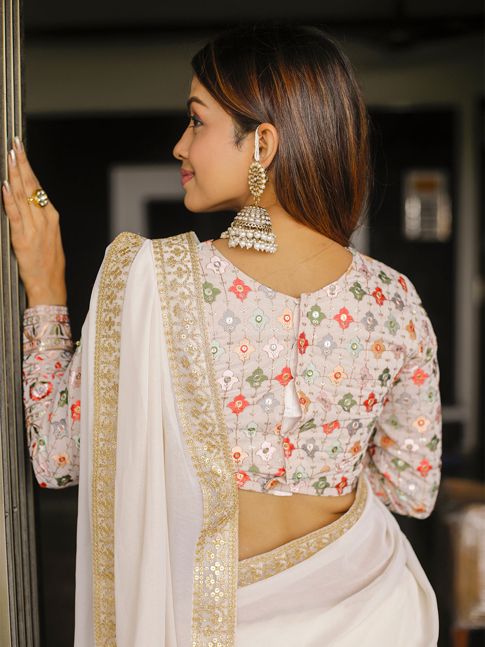 Cream Color Sequins & Thread Embroidery Border Work Georgette Saree Clothsvilla