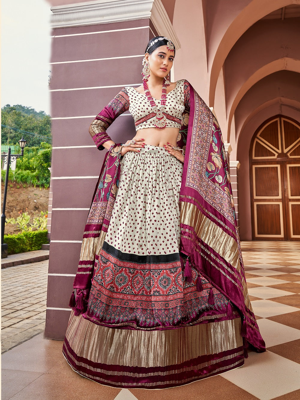 Cream Color Digital Printed Pure Gaji Silk Lehenga Choli Clothsvilla