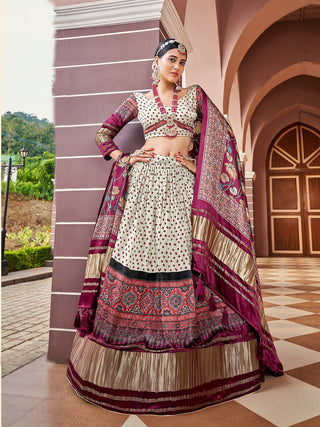 Cream Color Digital Printed Pure Gaji Silk Lehenga Choli Clothsvilla