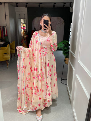 Cream Color Floral Printed Anarkali Style Chiffon Kurti Clothsvilla