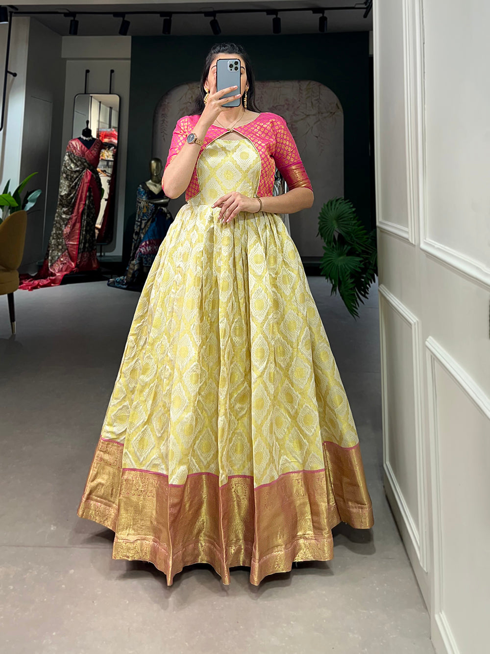 Cream Color Zari Weaving Work Silk Dress Clothsvilla