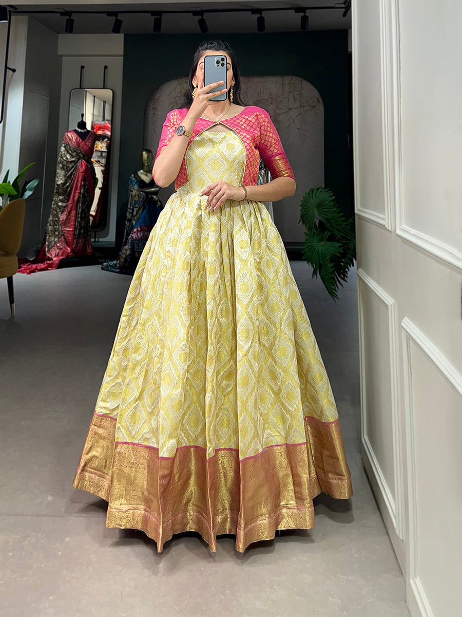 Cream Color Zari Weaving Work Silk Dress Cream Color Zari Weaving Work Silk Dress