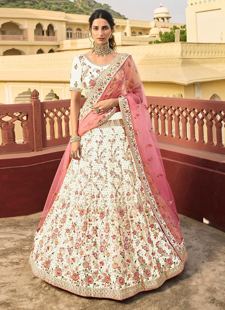 Buy Multi Color Mughal Pattern Floral Thread Work Cream Lehenga With Blouse  And Dupatta With Pearl Detailing And Hand Made Tassel by LITTLE BANSI at  Ogaan Online Shopping Site