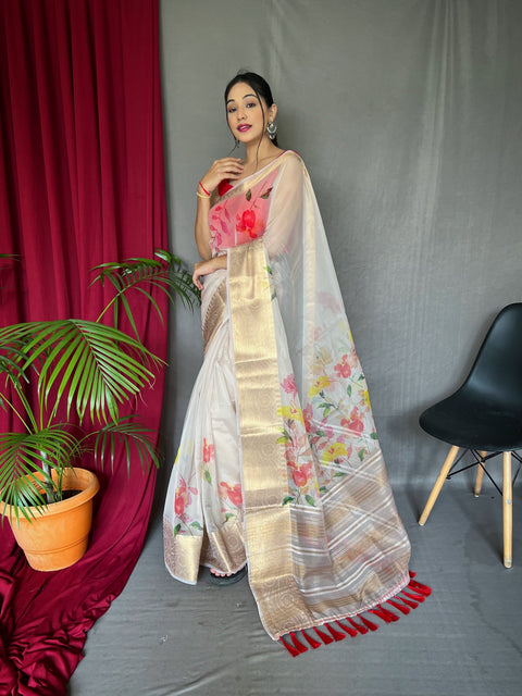 Organza Digital Floral Printed Saree Grey Goose Clothsvilla Main image