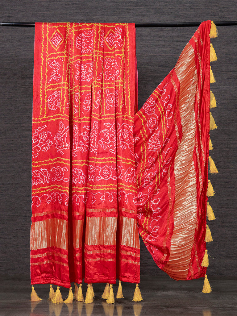 Crimson Color Pure Gaji Silk Bandhani Printed Dupatta With Tassels Clothsvilla