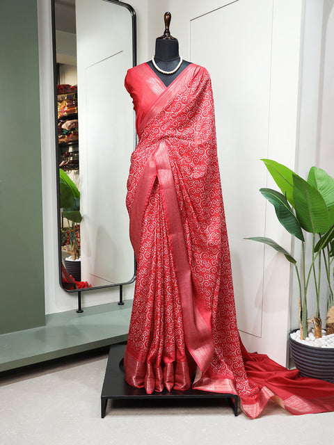 Crimson Color Printed With Zari Border Dola Silk Saree Clothsvilla Main image