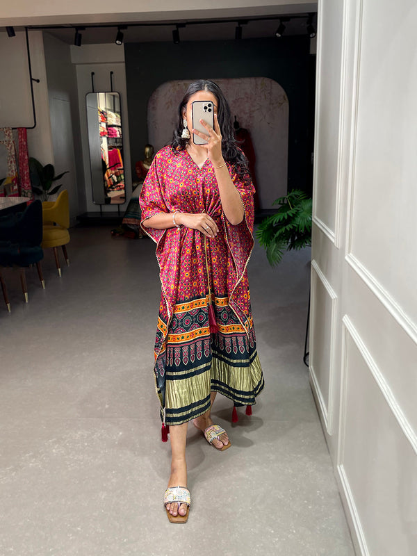 Crimson Color Digital Print With Gotta Patti Lace Border Gaji Silk Kaftan ClothsVilla.com