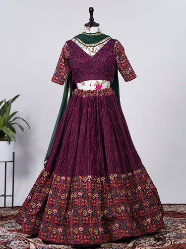 Wine Color Crochet Work Chinon printed Lehenga Clothsvilla
