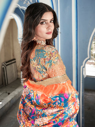Sky Blue Color Digital Print With Sequins Embroidery Work Crushed Chinon Lehenga Choli ClothsVilla.com