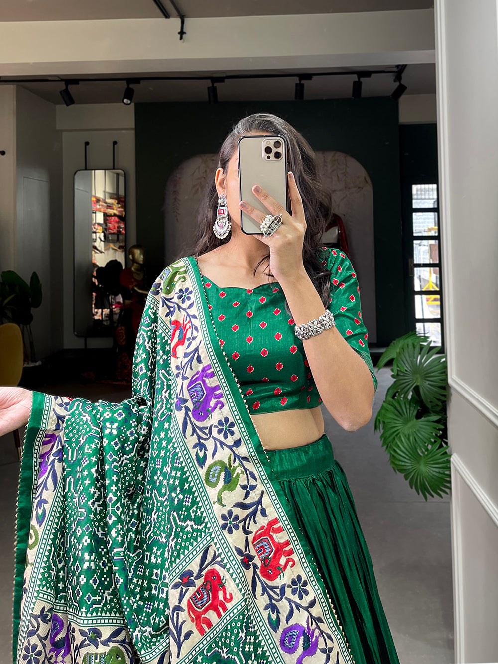Green Color Bandhej Print With Patola Print Crushed Dola Silk Lehenga Choli ClothsVilla