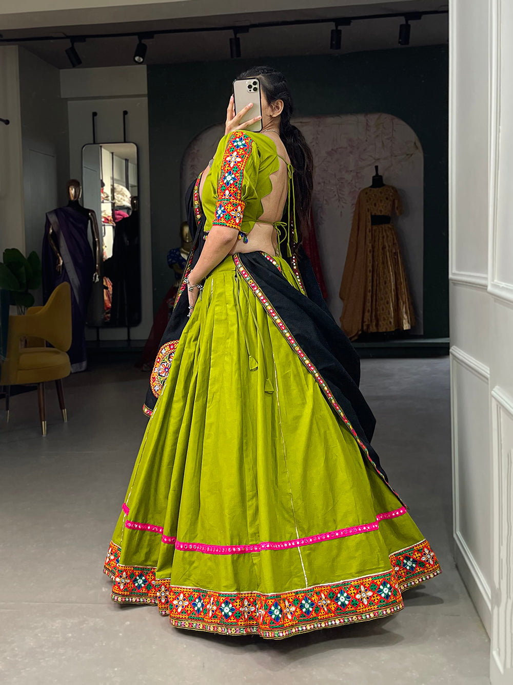 Parrot Color Gamthi Work With Paper Mirror Work Cotton Dandiya Choli ClothsVilla