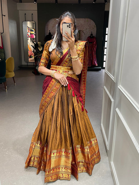 Mustard Color Zari Weaving Work Narayan Pet Cotton Haydrabadi Lehenga Choli Clothsvilla Main image