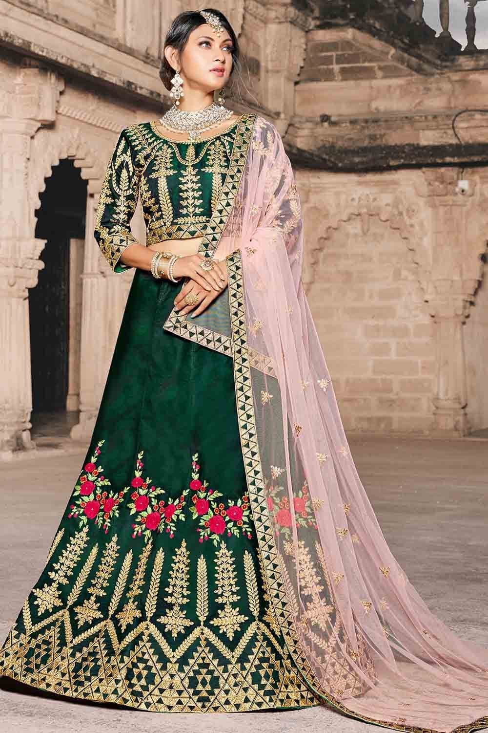 Dark Green Silk Designer Lehenga Choli | Designer lehenga choli, Lehenga  choli, Silk lehenga