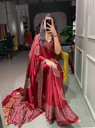 Maroon Color Printed And Foil Work Semi Gaji Satin Saree Clothsvilla