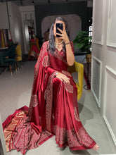 Load image into Gallery viewer, Maroon Color Printed And Foil Work Semi Gaji Satin Saree Clothsvilla