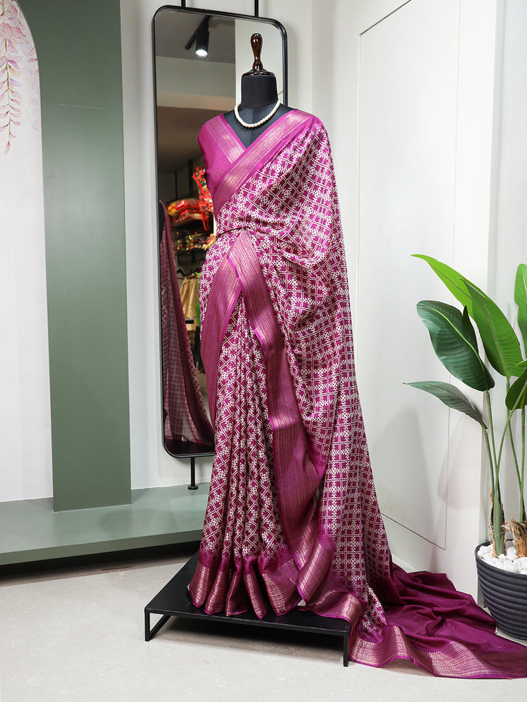 Purple Color Printed With Zari Border Dola Silk Saree Clothsvilla