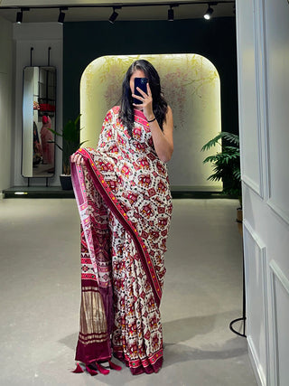 White Color Floral & Foil Work Gaji Silk Saree Clothsvilla