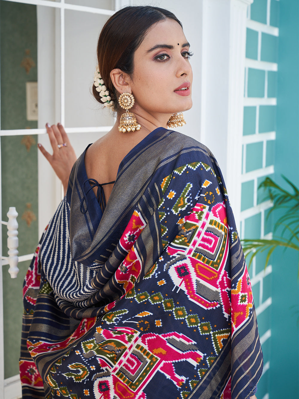Navy Blue Color Patola & Foil Printed Dola Silk Saree Clothsvilla