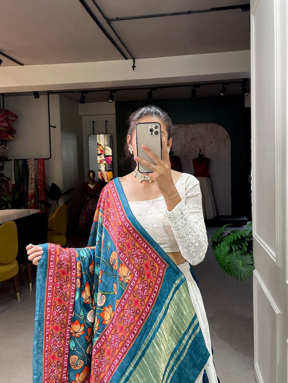 White Color Lucknowi Paper Mirror Work Georgette lehenga Choli ClothsVilla.com