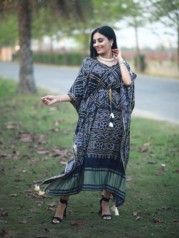 Navy Blue Color Bandhani Printed Pure Gaji Silk Kaftan Clothsvilla