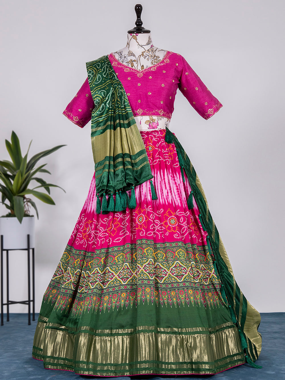 Pink Color Bandhej Digital Print Pure Gaji Silk Chaniya Choli Clothsvilla