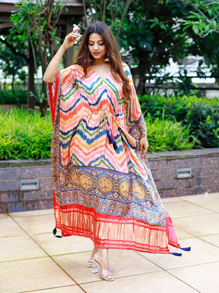 Multi Color Digital bandhej Printed Pure Gaji Silk Kaftan Clothsvilla