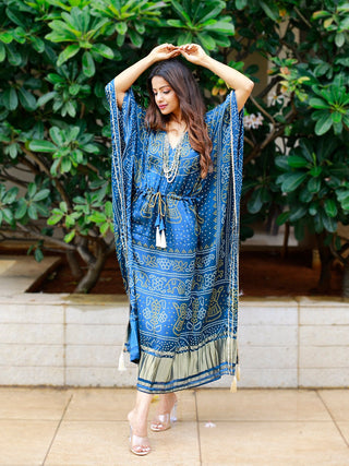 Navy Blue Color Digital Bandhej Printed Pure Gaji Silk Kaftan Clothsvilla
