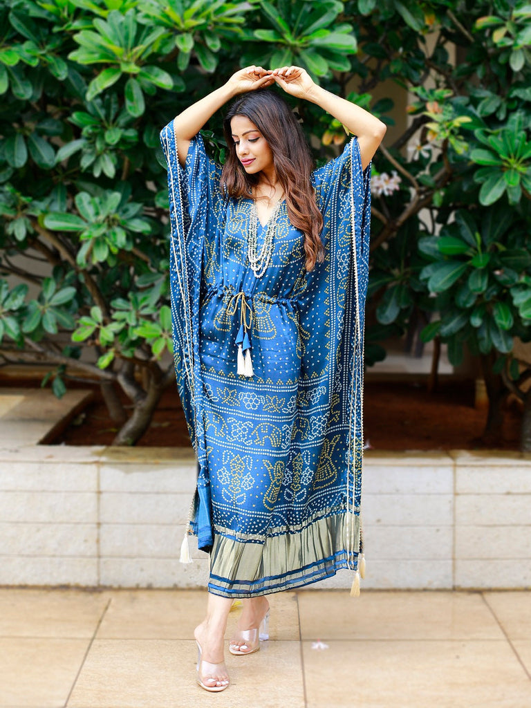 Navy Blue Color Digital Bandhej Printed Pure Gaji Silk Kaftan Clothsvilla