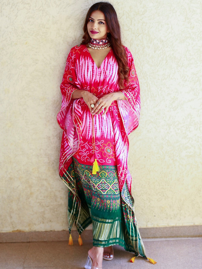 Pink Color Digital bandhej Printed Pure Gaji Silk Kaftan Dress Clothsvilla