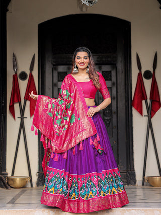Purple Color Printed With Foil Work Dola Silk Lehenga Choli ClothsVilla.com